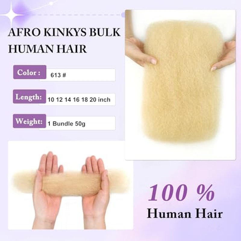 Afro Kinkys Bulk Human Hair 613# 4C Kinky Braiding Hair for Dreadlocks 10 Inch Blonde Human Cuban Twist Hiar for Loc Repair, Dreadlock Extensions, Mini Twists, Braids