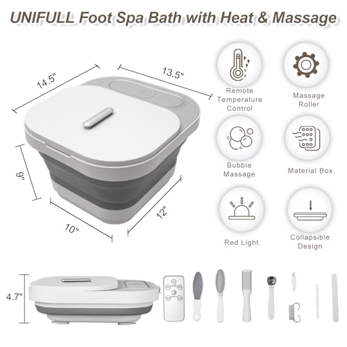 Collapsible Foot Spa Bath with Heat and Massage Rollers, Bubble, Foot Pedicure Kit, Temperature Control, Red Light, Pedicure Foot Spa, Foot Bath