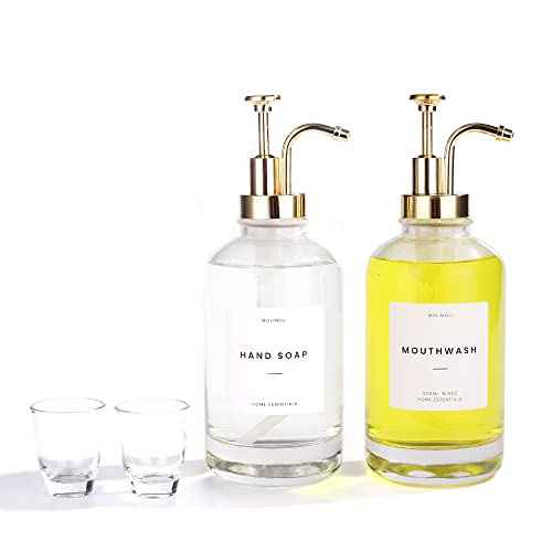 Molimoli Hand Bathroom Soap Dispenser Set, Glass Mouthwash Dispenser for Bathroom, Dish Soap Dispenser for Kitchen Sink, Soap Dispenser Pump, 500ml/16.9 Oz, Set of 2, Gold