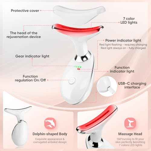 Face and Neck Massager Tool, 7 Colors LED Light Therapy Wand for Wrinkles, Double Chin, Portable Facial Massager with Vibrating and Thermals for Skin Care, Glossy White