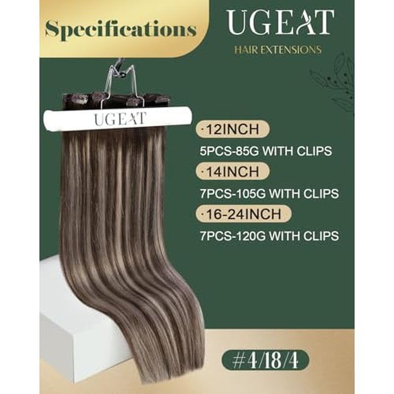 Ugeat Hair Extensions Clip in 18 Inch Clip in Extensions Real Human Hair Balayage Brown Human Hair Extensions Clip ins Ash Brown No Damage 7Pcs 120G 4/18/4