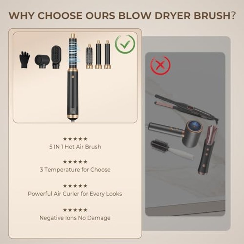 5 in 1 Blow Dryer Brush, Upgrade Hair Dryer Brush Air Curler Air Curling Wrap Styler, Detachable Hot Air Brush Negative Ion Curling Brush Iron, Hair Styling Tools for Drying Curling Straightening