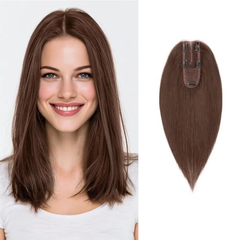 TESS Real Human Hair Topper, 10 Inch Medium Brown, 150% Density, Straight, Female, Hairpieces, Wig