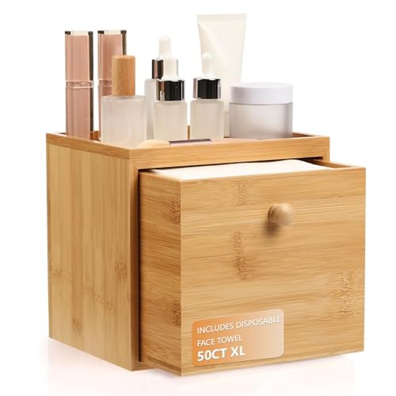 Disposable Face Towel with Bamboo Drawer Storage Box - Face Towelettes Disposable XL, Facial Towels Disposable, Makeup Organizer for Clean Towels, Makeup Remover Dry Wipes Washcloths 50 Ct