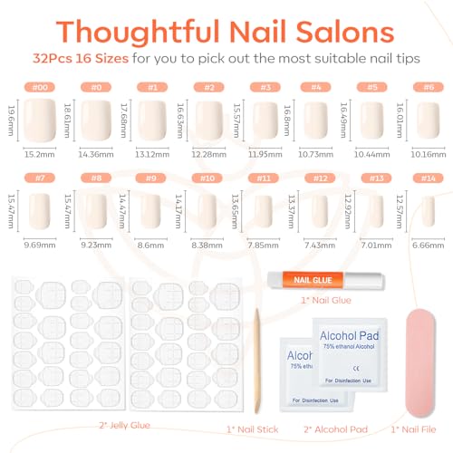 Modelones White Press on Nails, Short Square Fake Nails, Reusable Nail Kit with Nail Glue Adhesive Tabs Mini Nail File, Christmas Nails Press Ons 32Pcs16 Sizes, Women Girl Gift