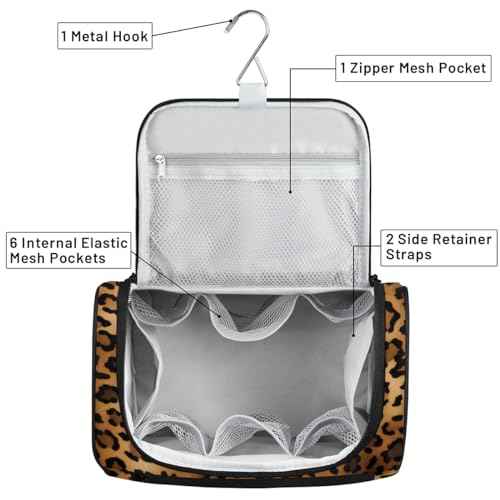 Toiletry Bag with Hanging Hook Makeup Bag Retro Leopard Cheetah Animal Print Cosmetic Case Travel Organizer for Women Men Traveling Wash Bag