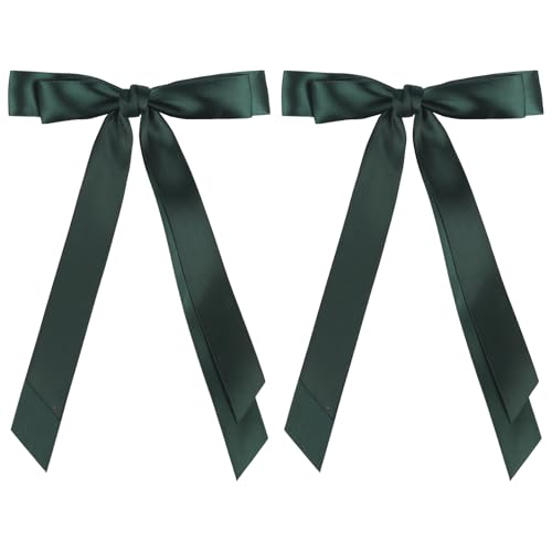 Totelux Green Bow Hair Clips Silky Satin Hair Ribbon Ponytail Holder Hair Bows with Long Tail Bowknot Hair Barrette for Women Girls Hair Accessories 2Pcs