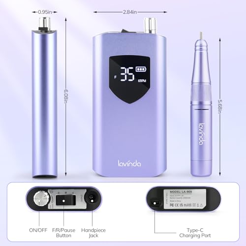 Lavinda Professional Nail Drill 35000 RPM, Cordless Electric Nail File Efile for Acrylic and Gel Nails, Manicure Pedicure Polishing Tool for Salon and Home Use (Purple)