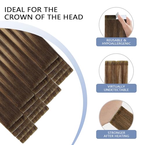 COOKAYU Injected Tape in Hair Extensions Human Hair,Medium Brown to Caramel Blonde Invisible Human Hair Tape in Extensions Seamless 20pcs 30g 14Inch