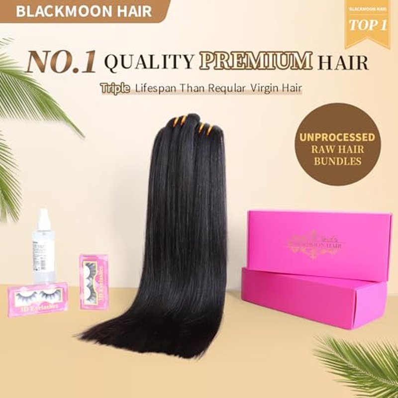BLACKMOON Raw Human Hair Bundles, 16a Raw Indian Hair, 100% Unprocessed Virgin Straight Bundles, Triple Lifespan Than Regular Virgin Hair, 22 Inches Double Weft 100g/Bundle Natural Black