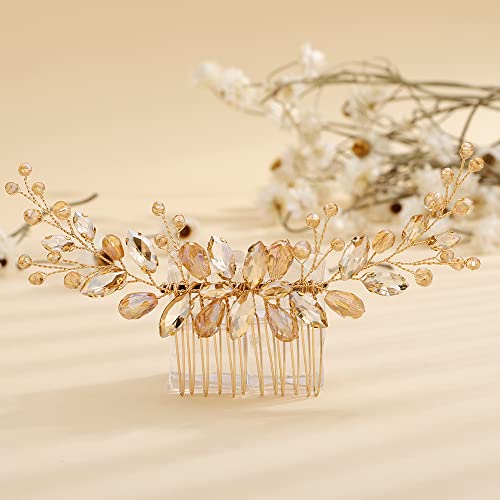 Teyglen Bridal Champagne Rhinestone Crystal Hair Comb Headband Handmade Wedding Hair Pieces for Bride Floral Headpieces Hair Accessories for Women Girls (Champagne)