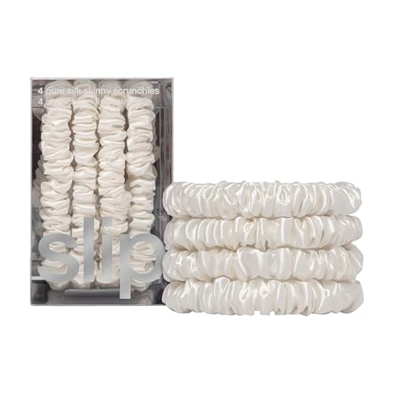 slip Skinny Scrunchies: Anti-Crease, Anti-Breakage Slipsilk¢â Design Protects Delicate Hair | Includes 4 Pure Silk Scrunchies, White