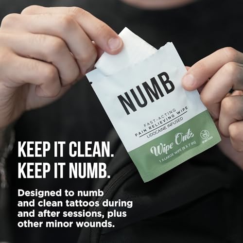 Wipe Outz NUMB Lidocaine Wipes - 3% Lidocaine Infused Tattoo Numbing Wipes - 8" x 7" (XL) Numbing & Cleansing Wipe for During and Tattoo Aftercare, Minor Cuts, Burns, Sunburns & Bug Bites (5 Pack)