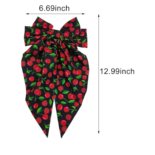 Cherry Hair Bow Clip for Women Red Cherry Large Bowknot Hairpins Long Ribbon Ponytail Holder Cute Fruit Barrettes Decoration Accessories (Black)