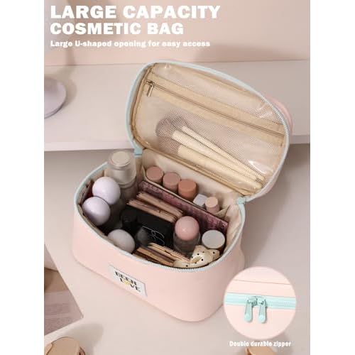 Travel Makeup Bag Cute Cosmetic Bag for Women Large Capacity Makeup Case Organizer Bag Toiletry Bag Portable Waterproof Make Up Bags with Handle and Divider, Pink