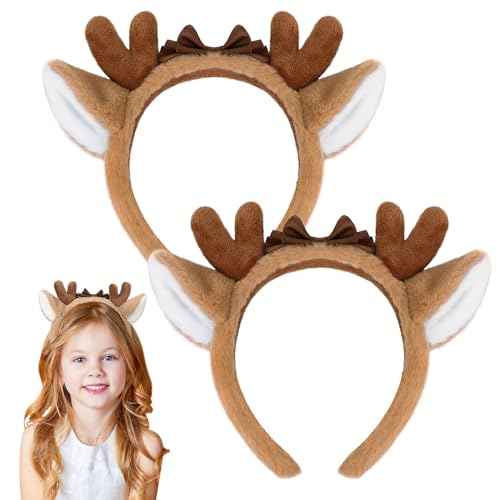 Shintop Deer Antlers Headbands, 2pcs Cute Reindeer Ears Headbands with Bow Deer Antlers Costume Soft Christmas Headwear Halloween Party Cosplay for Girls Women Adults (Brown)