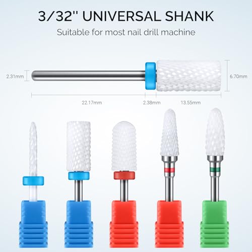 MelodySusie Ceramic Nail Drill Bits Set, 3/32'' (2.35mm) Professional Acrylic Nail File Drill Bit for Manicure Pedicure Cuticle Gel Nail Polishing 5Pcs