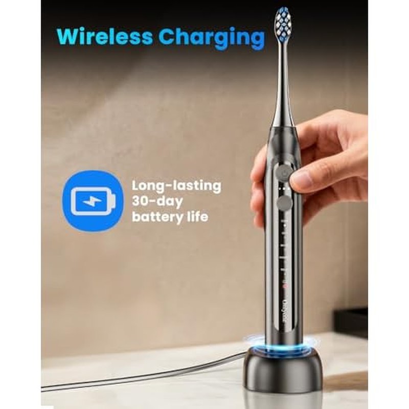Onlyone Sonic Electric Toothbrush for Adults, Rechargeable Ultrasonic Electric Toothbrush with 8 Brush Heads, Travel Case, Charging Base & Wireless Charging - 5 Modes with Smart Timer