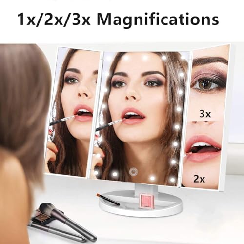 Trifold Makeup Mirror Vanity Mirror with Lights,1X 2X 3X Magnification,Touch Screen,180 Adjustable Rotation,Portable Travel Bathroom Cosmetic Mirror