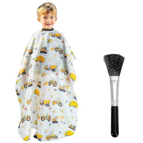 Gealaek Kids Haircut Cape and Neck Duster Brush Set with Construction Site Pattern Kids Barber Cape 55x40 Inches for Boys & Girls Salon Cape Kit (White)