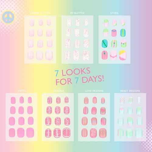 7 Day Manicure Collection - 84PC Press On Nail Set, Day-of-The-Week Adhesive False Nails for Girls (Set of Brights or Pastels) ? Colorful Novelty Designs Stick On Nails for Kids