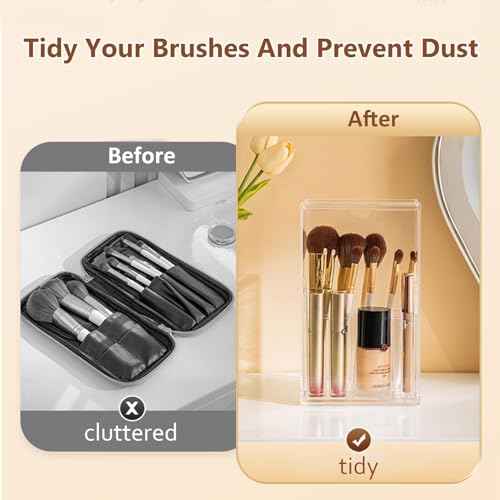 Makeup Brush Holder, Clear Make Up Brush Holder Organizer with 17 Slots, Tilt Open Large Makeup Brush Holde with Lid, Acrylic Makeup Organizer for Vanity Decor Office Home