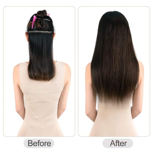 5 Pieces 14" Remy Clip in Hair Extensions Human Hair Natural Black to Chestnut Brown Highlight Black Ombre - Silky Straight Short Thick Real Hair Extensions for Women (14 inches, #(1BT6) P1B, 70grams)