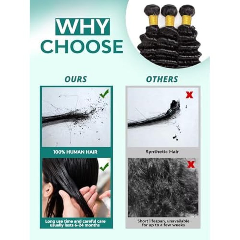 12A Deep Wave Human Hair Bundles 14 16 18 Inch Raw Curly Bundles Human Hair 100% Unprocessed 3 Bundles Brazilian Virgin Human Hair Extensions Quick Weave Natural Black Color
