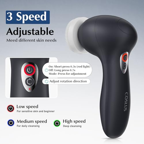 COSLUS Facial Cleansing Brush Face Scrubber: 3 in 1 Bi-Directional Electric Spin Brush for Removing Blackhead, Exfoliating, Massaging - Rechargeable Waterproof, 3 Adjustable Speeds for Men & Women