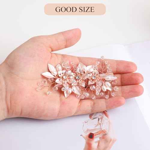 Wedding Hair Clips Set of 3 PCS - Floral Rhinestone Pearl Hair Accessories for Bridal Women (Rose Gold)