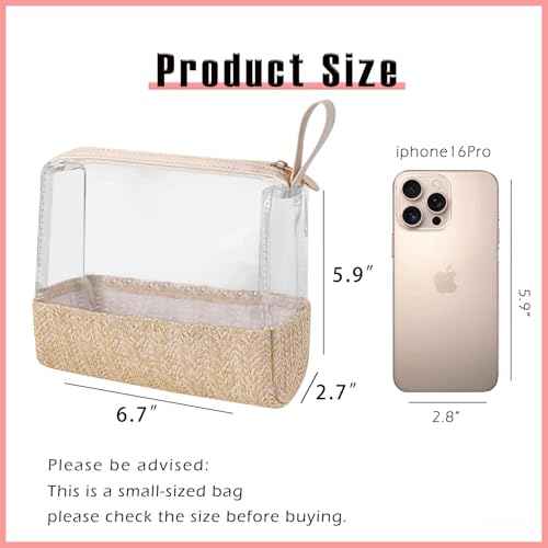 Boho Small Clear PVC Waterproof Makeup Bag with handle, Transparent Zipper Cosmetic Bag for Travel, Beach Bag for Sun screen Skincare (02 Beige-1)