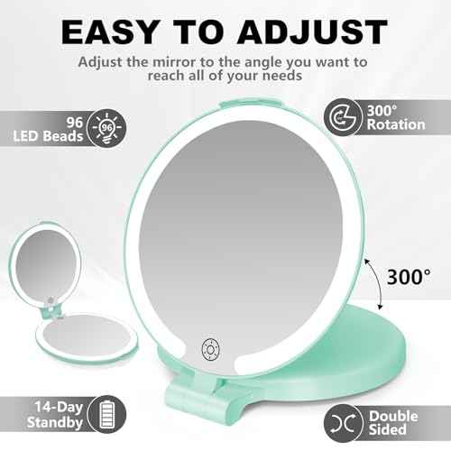 6.3 Inch Rechargeable Folding 10x Magnification Double Sided Makeup Mirror with Lights, Portable Travel Mirror for Women with Nearsightedness | Travel Essentials for Women