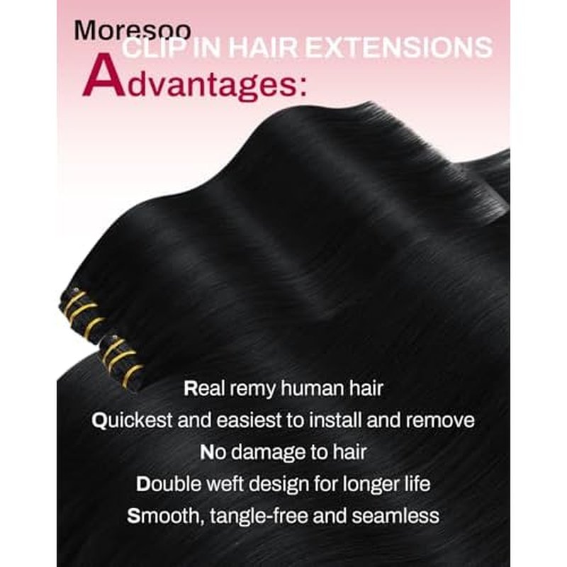 Moresoo Clip in Hair Extensions for Black Women Remy Double Weft Human Hair Clip in Extensions Jet Black #1 7Pieces 120G 24inch