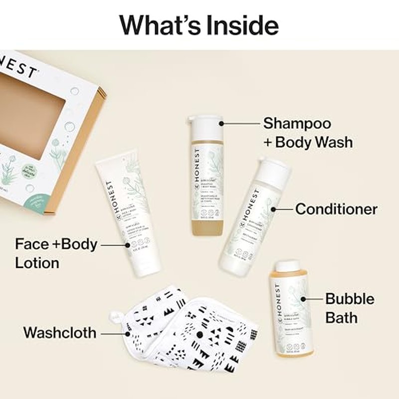 The Honest Company Fragrance Free Bathtime Gift Set | Hypoallergenic Bath Essentials for Sensitive Skin | Shampoo + Body Wash, Face + Body Lotion, Bubble Bath, Conditioner, Wash Cloth