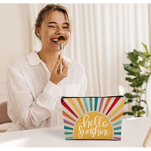 OHSUL Hello Sunshine Inspirational Makeup Bag,Boho Sun Colorful Sunshine Ray Cosmetic Bag Travel Pouch,Boho Travel Makeup Bag,Gifts for Boho Lovers Girls