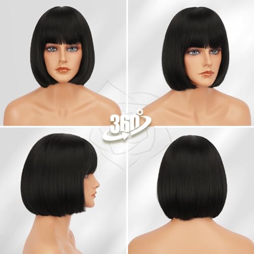 BARSDAR Short Black Bob Wig With Bangs - Short Black Bob Wig With Bangs for Women - 12 Inch Chin-Length Natural Looking Soft Synthetic Hair Replacement Daily Halloween Velma Kelly Mia Wallace Wigs