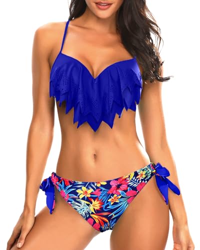 Holipick Royal Blue Floral Women Two Piece Swimsuits Push Up Bikini Sets Sexy Bathing Suits Ruffle Bikini Tops with Bottoms Teen Girls L