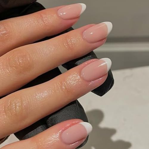 modelones French Tip Press On Nails, Short Oval Fake Nails Press Ons with Nail Glue, Adhesive Tabs, Nail File, Prep Pad, Manicure Stick, 32Pcs 16 Sizes, Nude, Christmas