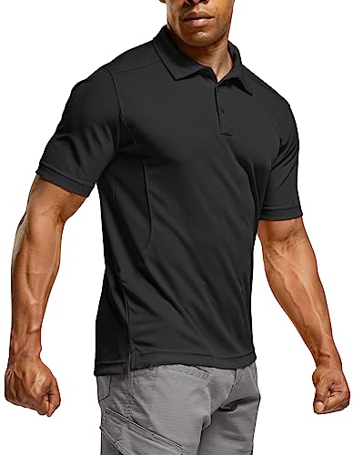 CQR Men's Polo Shirts, Tactical Short Sleeve Golf Performance Shirts, Lightweight Dry Fit UPF 50+ Pique, Frost Essential Black, XX-Large Tall