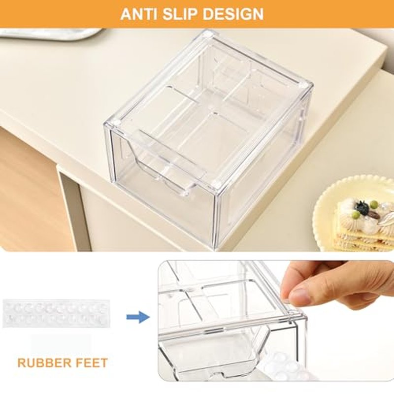 Stackable Makeup Organizer Storage Drawers Set of 6, Clear Plastic Organizer Bins for Beauty Supplies,Ideal for Vanity, Bathroom,Cabinet,Pantry Organization (2Long 4 Short)