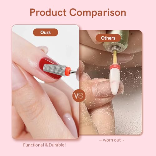 Tungsten Nail Drill Bit, 5 in 1 Carbide Tapered, 3/32" Shank, Two Way Rotate Use, for Nails Fast Removing Acrylic Nail Hard Gels Cuticle Nail Efile Bit for Nail Drill Machine (Fine, Silver)