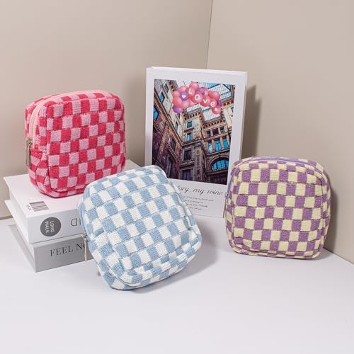 KOTORA 3pcs Checkered Mini Makeup Bag Pocket Cosmetic Bag Portable Aesthetic Preppy Makeup Bag for Women Mini Travel Makeup Organizer Storage Car Accessories (Blue Pink Purple)