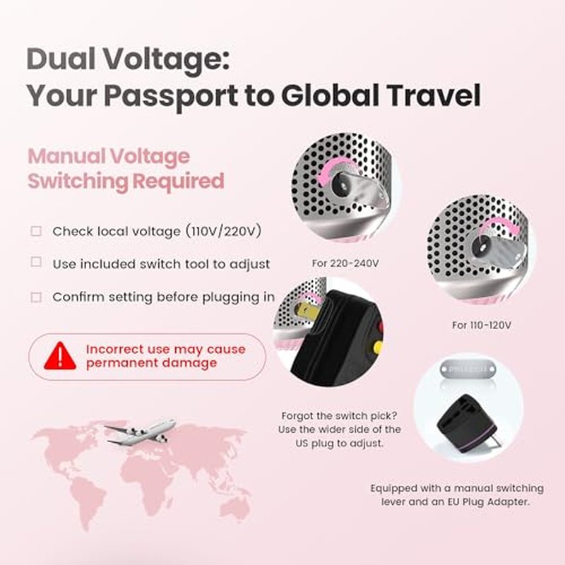 PRITECH 1000W Dual Voltage Ceramic Ionic Hair Dryer Brush,4-in-1 Hot Air Styler & One Step Volumizer for Straight & Curly Hair Salon (110-120V/220-240V),Blush Silver