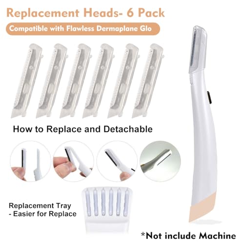 6 Pack Replacement Heads for Finishing Touch Flawless Dermaplane Glo Facial Exfoliation Tool, Replacement Blades for Flawless Dermaplane Razor- Include Replace Tray + Clean Brush