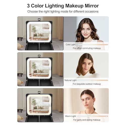 Chomeiu Makeup Bag with Mirror, Travel Train Case Large Cosmetic Organizer with 2 Trays and Vanity Mirror with LED Lights, Brush Holder Storage Box Suitcase for Nail Kits Cosmetics Craft, Black