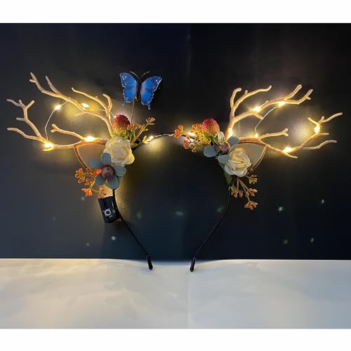 LED Christmas Headband Light up Deer Antlers Headpiece Reindeer Ears Headbands Holiday Headpiece Xmas Hair Accessories (Warm white light)