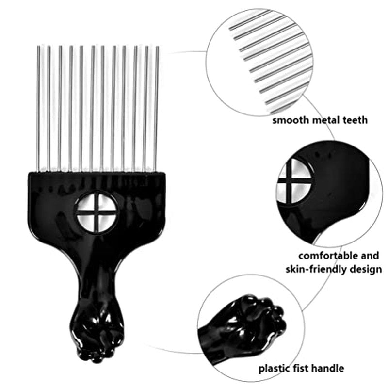 2 Pack Hair Picks for Afro, Curly Hair Styling - Metal Hairdressing Tools for Women and Men (Black)
