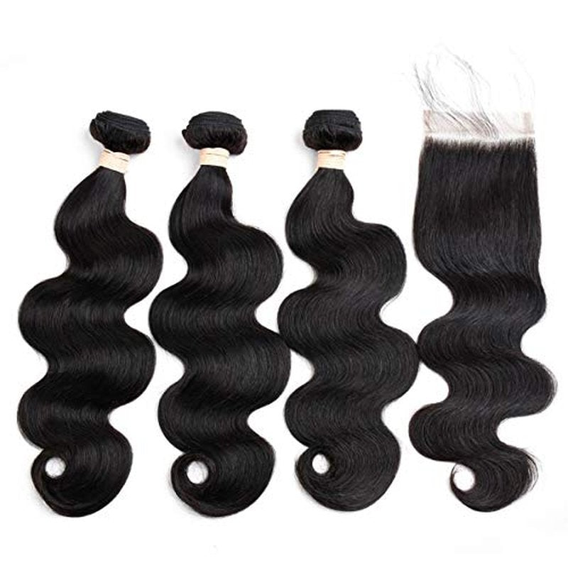 Brazilian Body Wave Virgin Hair Bundles with Lace Closure(18 20 22 with 16closure) Human Hair Unprocessed Body Wave Hair with Closure 4X4 Lace Free Part Natural Black Hair