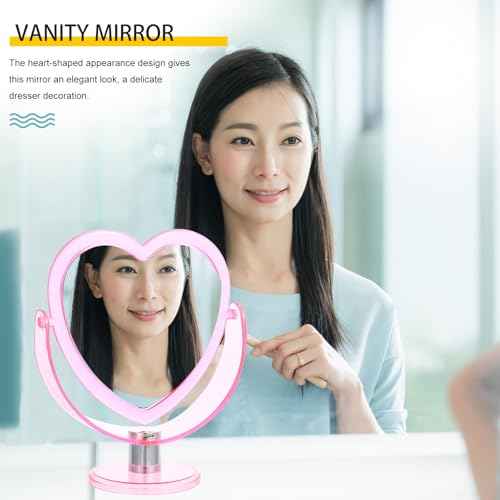Heart Shaped Pink Makeup Mirror - Double-Sided Rotatable Vanity Mirror for Dresser, Desktop, Bathroom, Bedroom