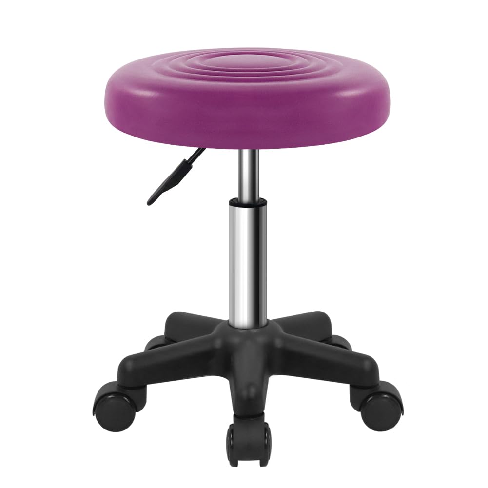 FURWOO Round Swivel PU Leahter Rolling Stool with Wheels Height Adjustable Chair for Spa Salon Massage Purple